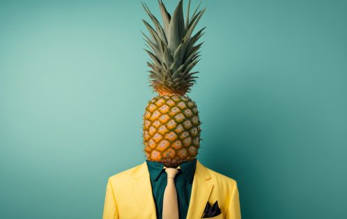 Man in yellow suit and pineapple head