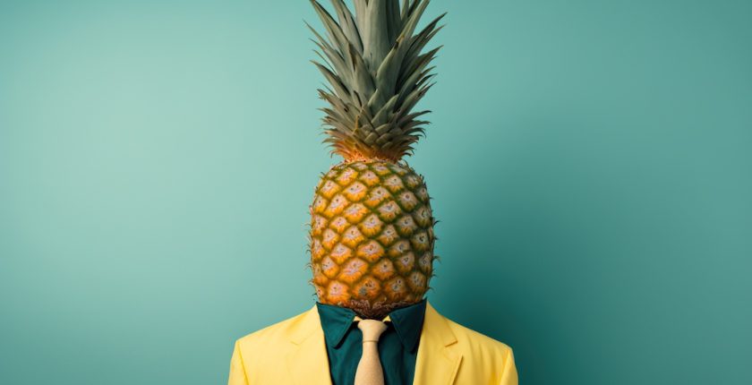 Man in yellow suit and pineapple head